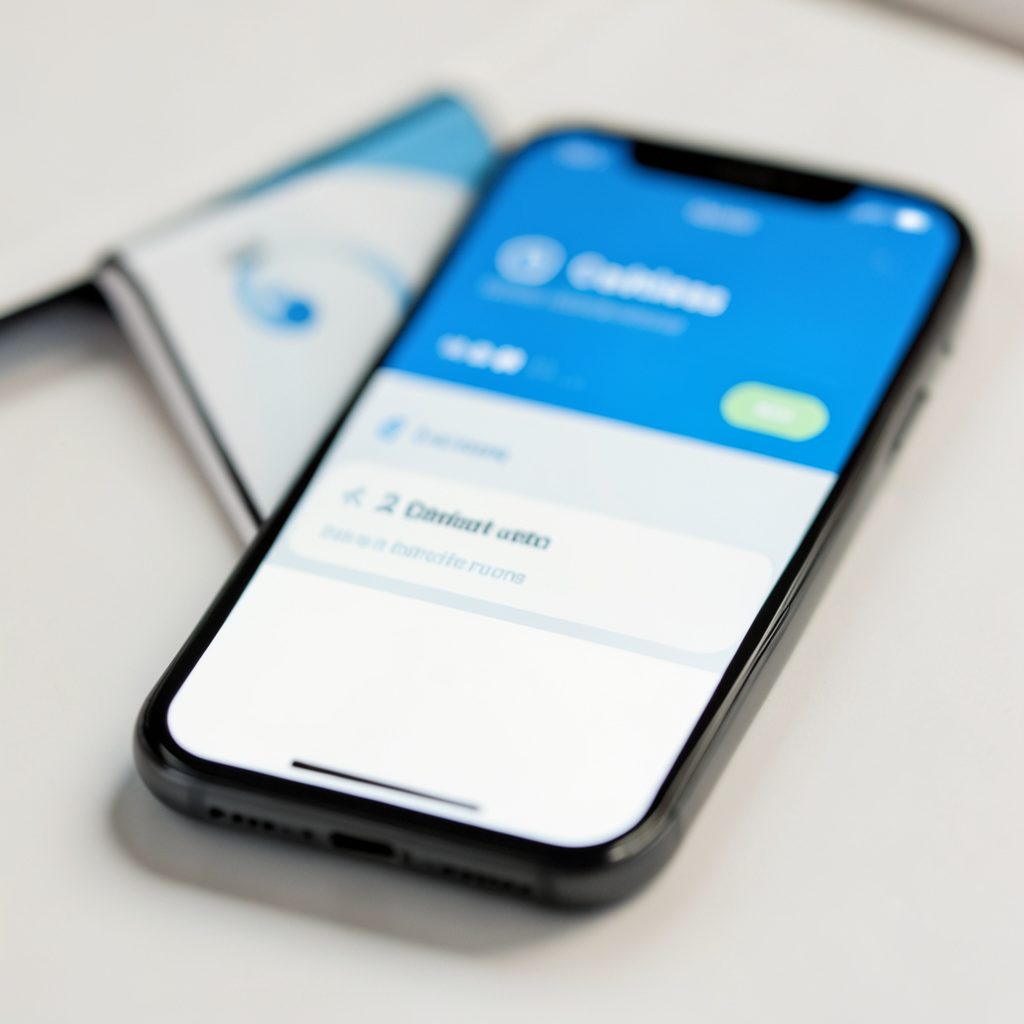 Close-up of a smartphone displaying a cashless payment screen with soft blue and white interface elements