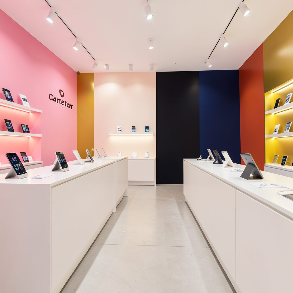 A bright, modern mobile phone shop interior with warm lighting, clean white counters, and colorful carrier-brand accents