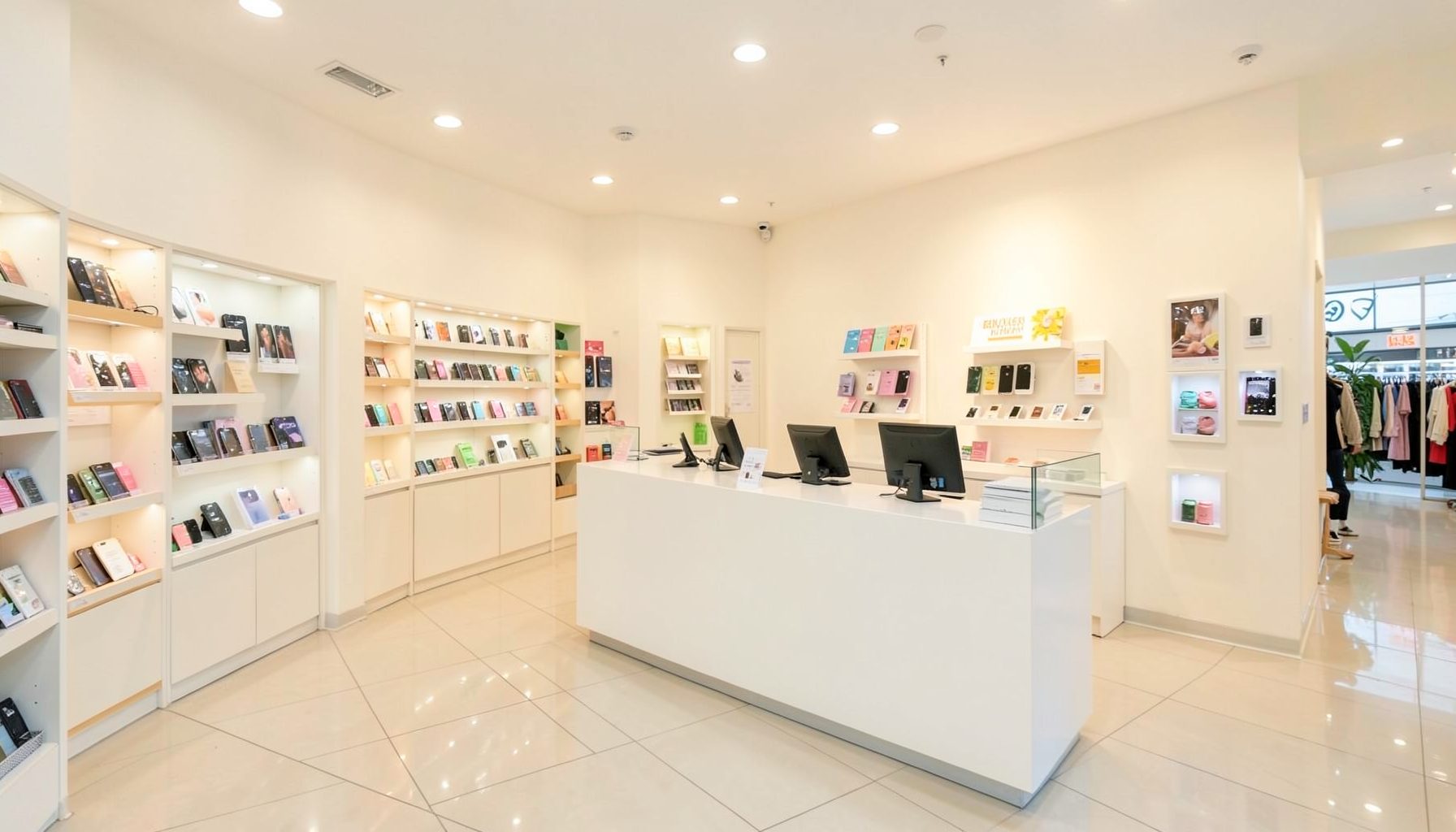 Bright and airy mobile phone shop interior on the first floor of a shopping center, with warm white walls and soft overhead lighting