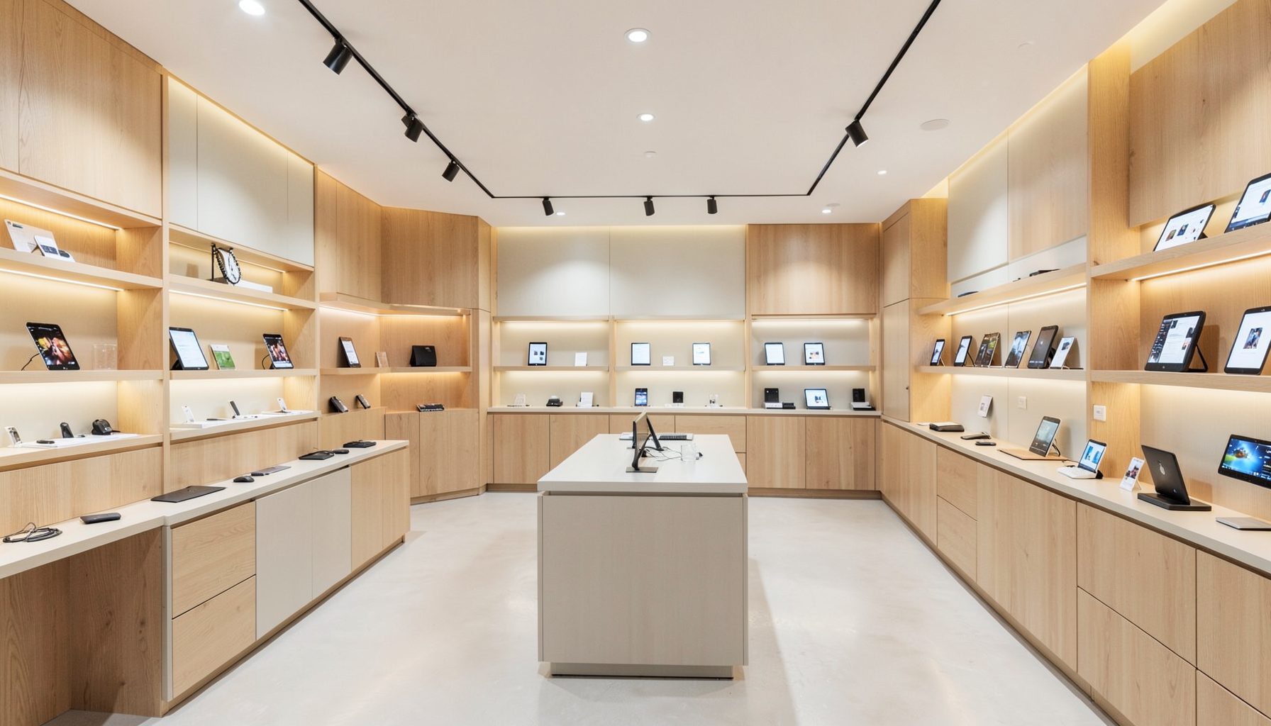 A bright, modern mobile phone shop interior with warm wood accents and soft overhead lighting, predominantly cream and pale beige tones