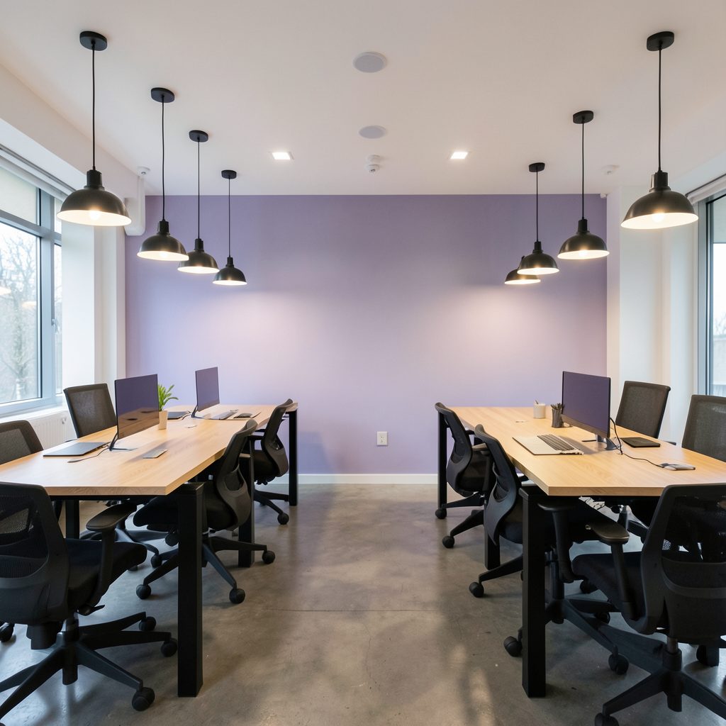 A sleek coworking space with wooden desks, pendant lights, and a calm lavender-accented wall