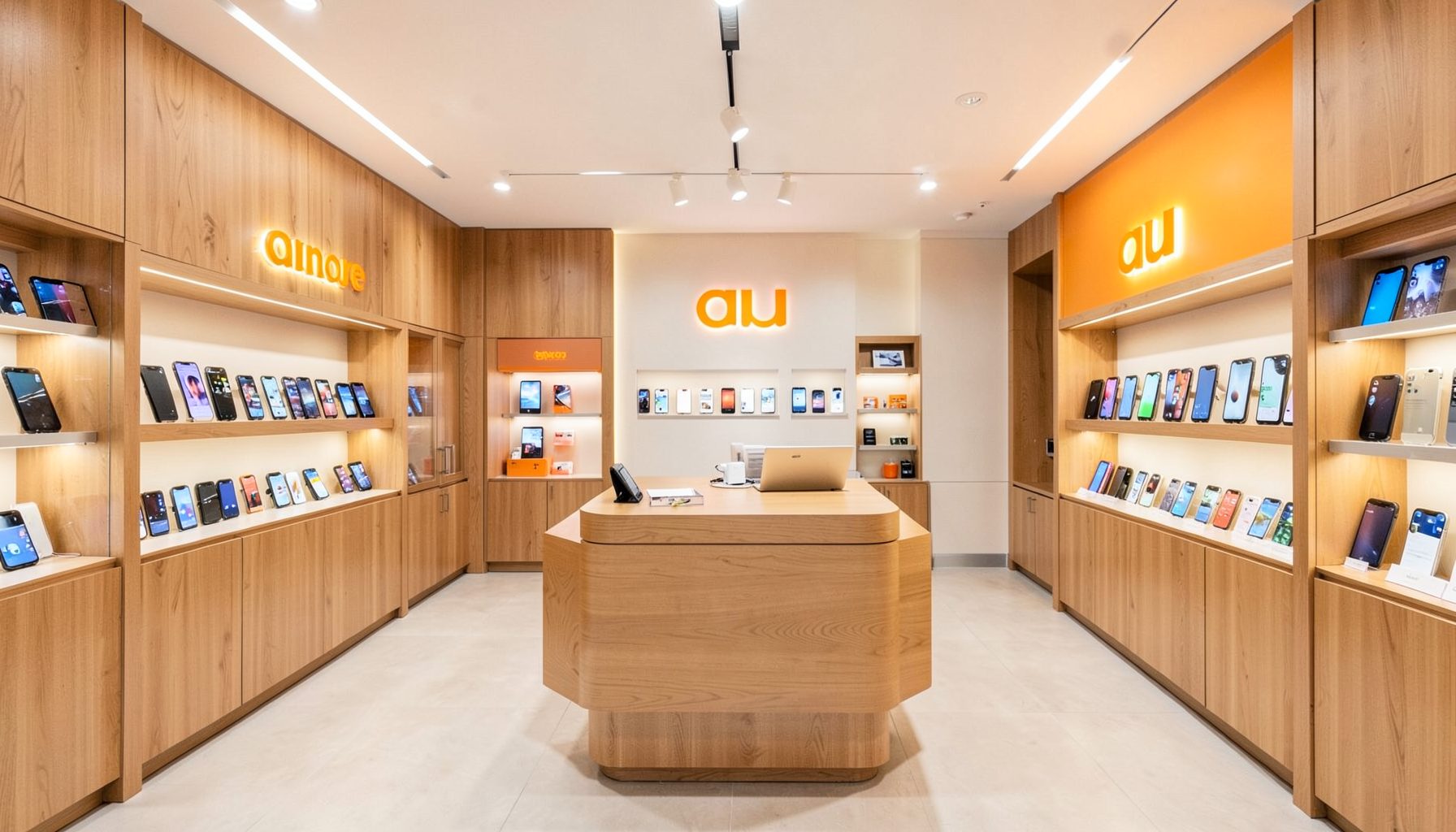Bright, modern mobile phone shop interior with warm wood accents and soft overhead lighting, au branding visible in orange